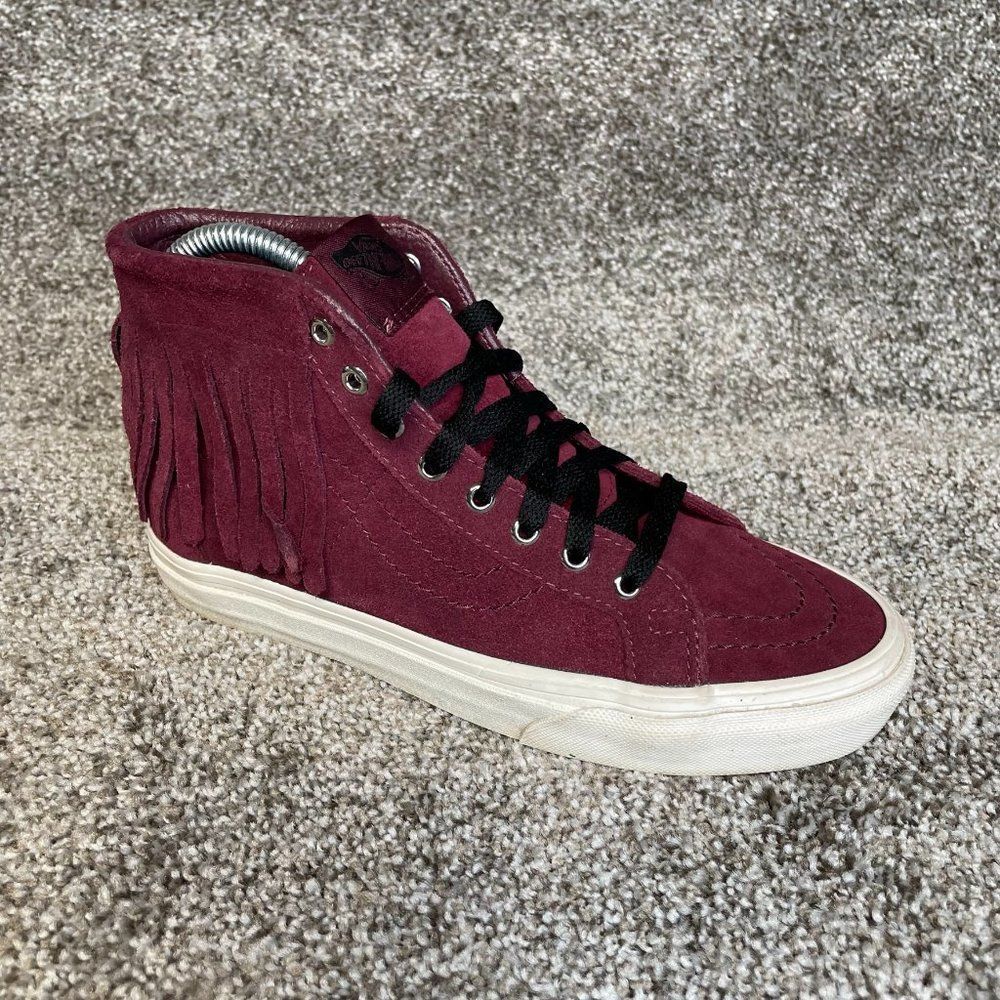 Vans Womens Sk8-Hi Suede Fringe Sneakers Maroon High Top Shoes Size 6.5